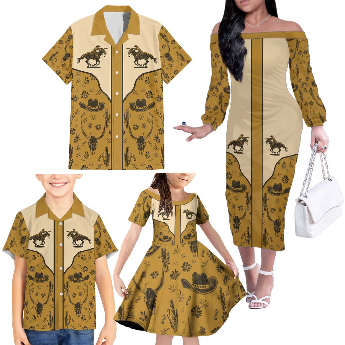 Cowboy Family Matching Off The Shoulder Long Sleeve Dress and Hawaiian Shirt Horse Riding Retro Western Yoke Beige - Wonder Print Shop