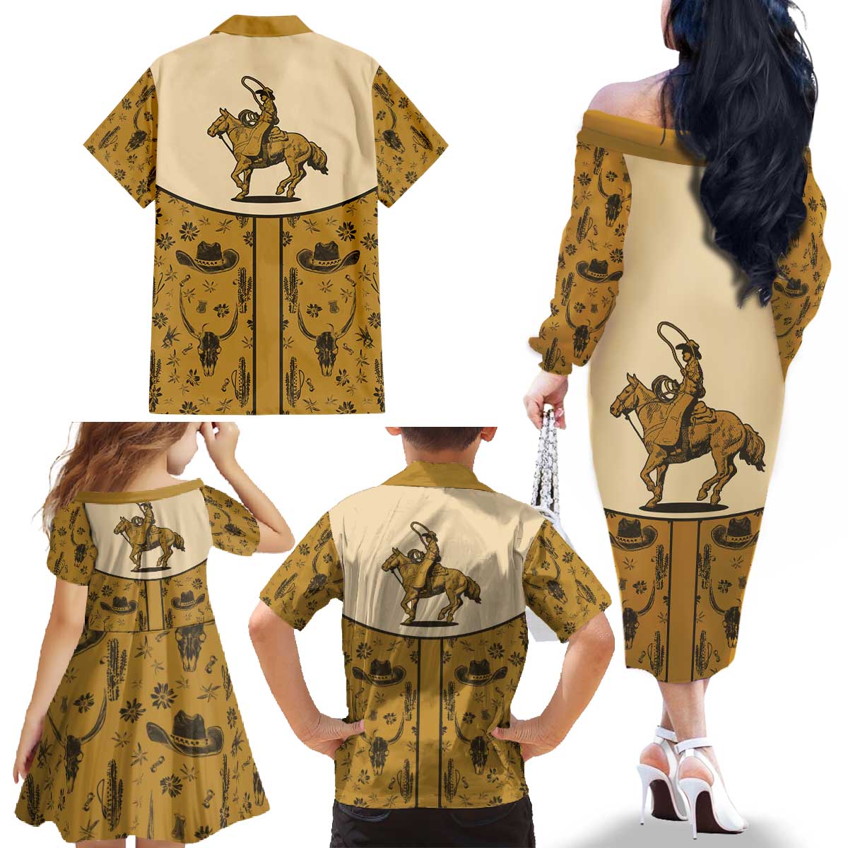 Cowboy Family Matching Off The Shoulder Long Sleeve Dress and Hawaiian Shirt Horse Riding Retro Western Yoke Beige - Wonder Print Shop