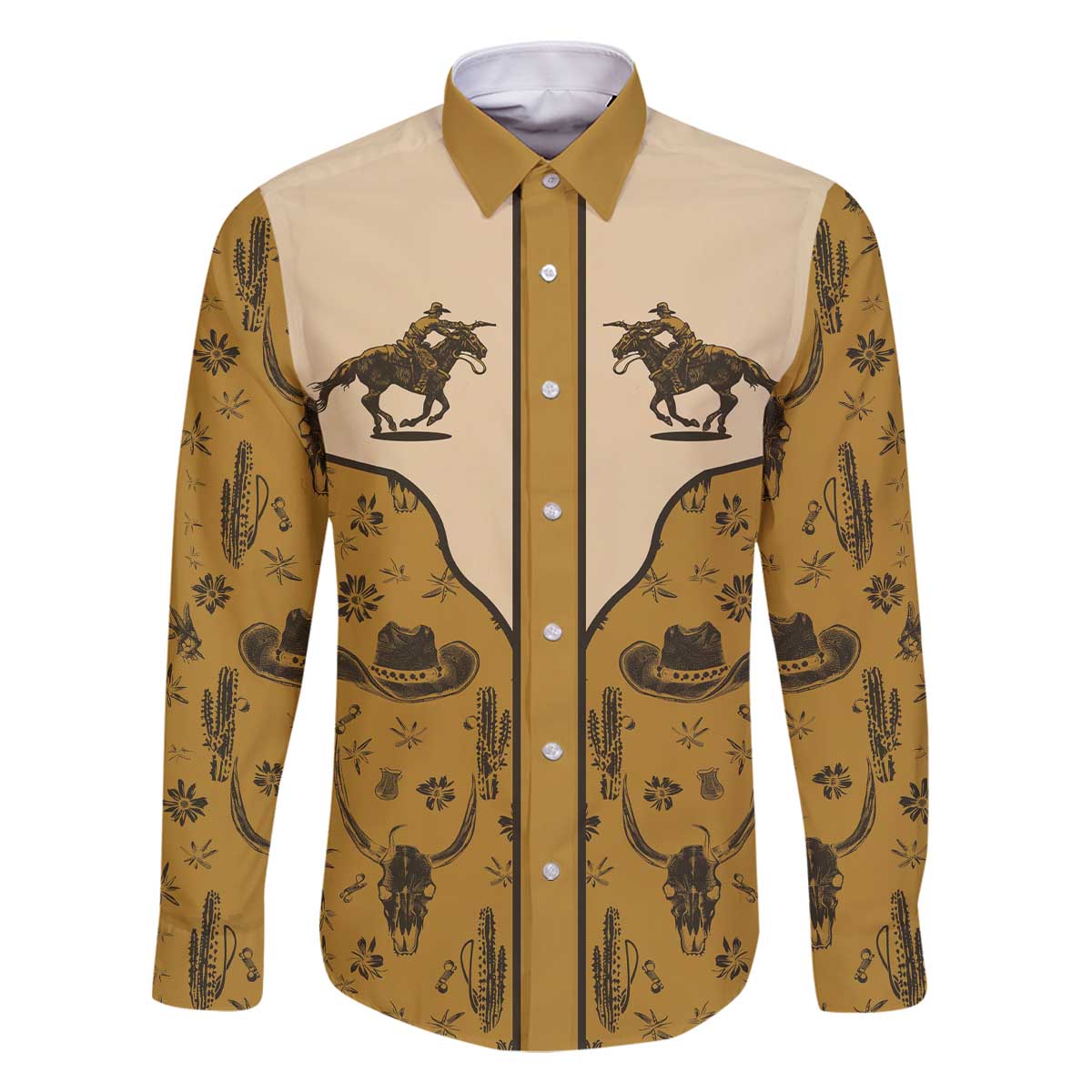 Cowboy Family Matching Off The Shoulder Long Sleeve Dress and Hawaiian Shirt Horse Riding Retro Western Yoke Beige - Wonder Print Shop