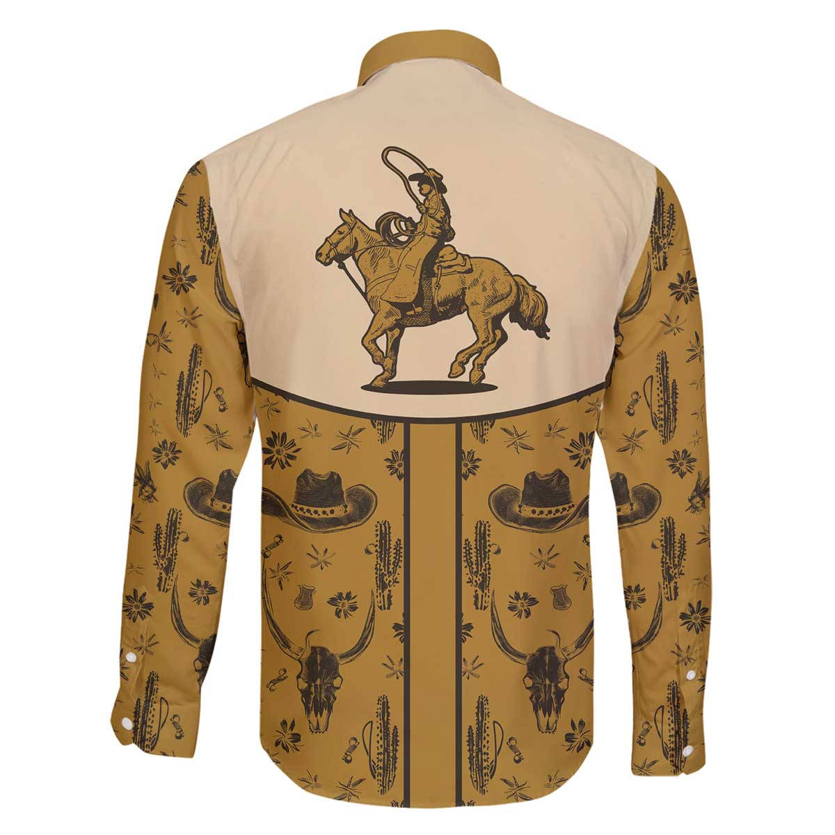 Cowboy Family Matching Off The Shoulder Long Sleeve Dress and Hawaiian Shirt Horse Riding Retro Western Yoke Beige - Wonder Print Shop