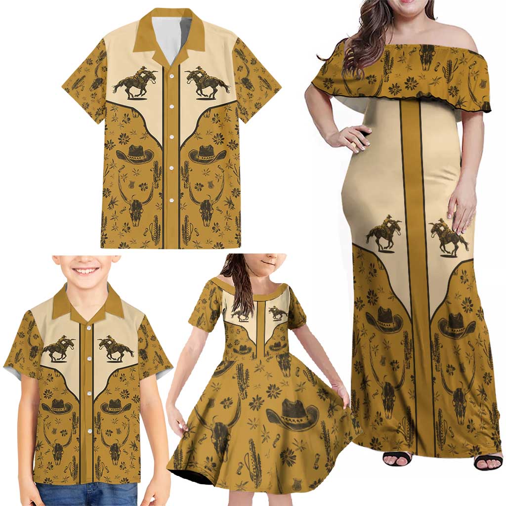 Cowboy Family Matching Off Shoulder Maxi Dress and Hawaiian Shirt Horse Riding Retro Western Yoke Beige - Wonder Print Shop