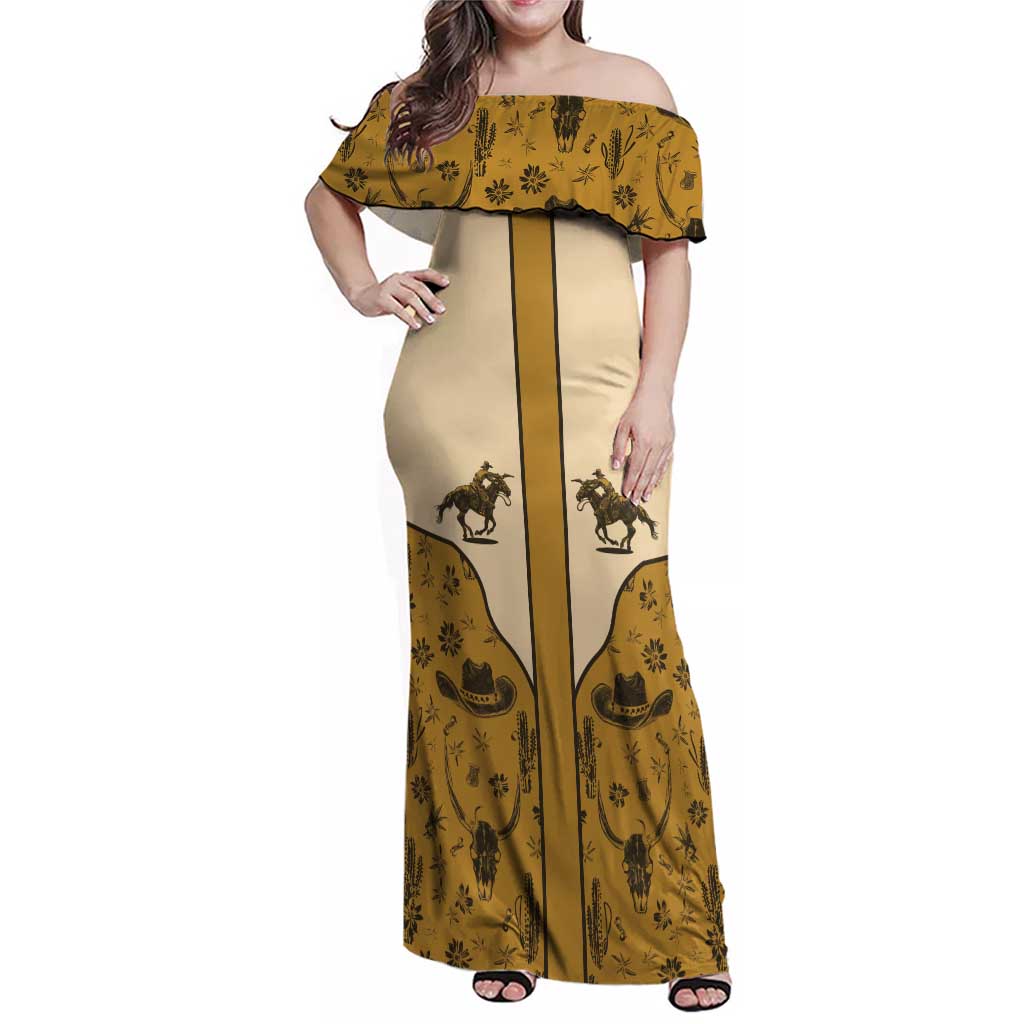 Cowboy Family Matching Off Shoulder Maxi Dress and Hawaiian Shirt Horse Riding Retro Western Yoke Beige - Wonder Print Shop