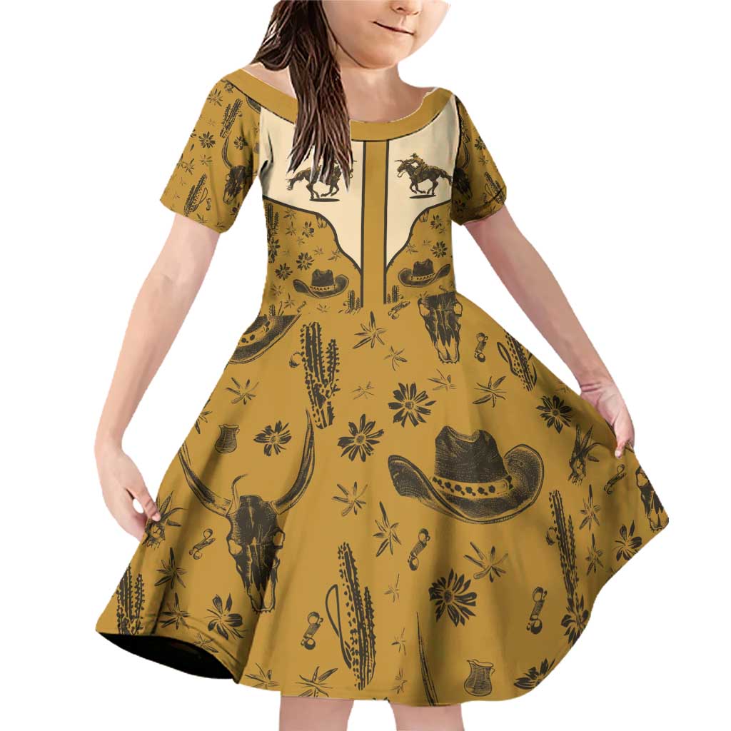 Cowboy Family Matching Off Shoulder Short Dress and Hawaiian Shirt Horse Riding Retro Western Yoke Beige - Wonder Print Shop