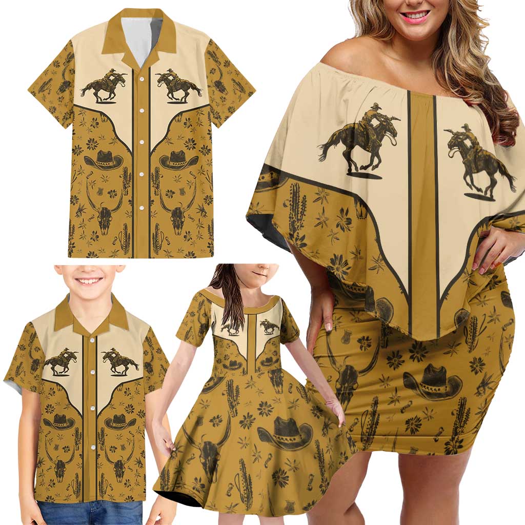 Cowboy Family Matching Off Shoulder Short Dress and Hawaiian Shirt Horse Riding Retro Western Yoke Beige - Wonder Print Shop