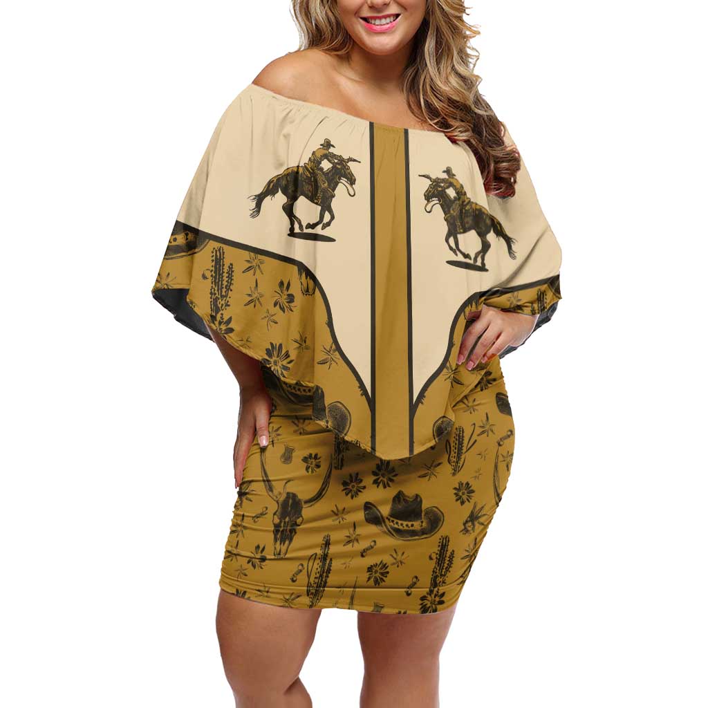 Cowboy Family Matching Off Shoulder Short Dress and Hawaiian Shirt Horse Riding Retro Western Yoke Beige - Wonder Print Shop