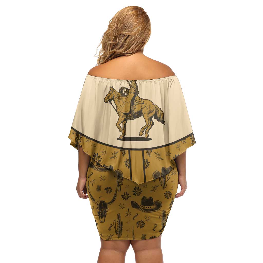 Cowboy Family Matching Off Shoulder Short Dress and Hawaiian Shirt Horse Riding Retro Western Yoke Beige - Wonder Print Shop