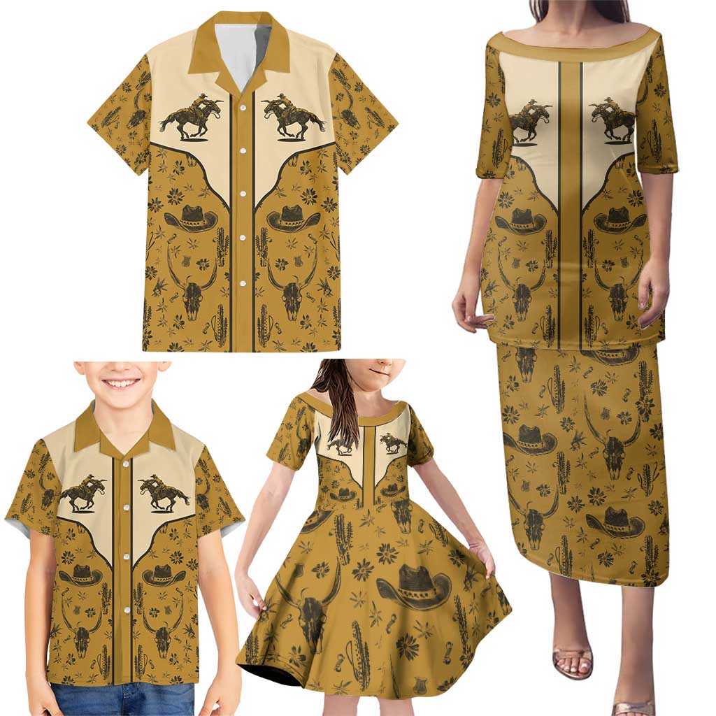 Cowboy Family Matching Puletasi and Hawaiian Shirt Horse Riding Retro Western Yoke Beige - Wonder Print Shop