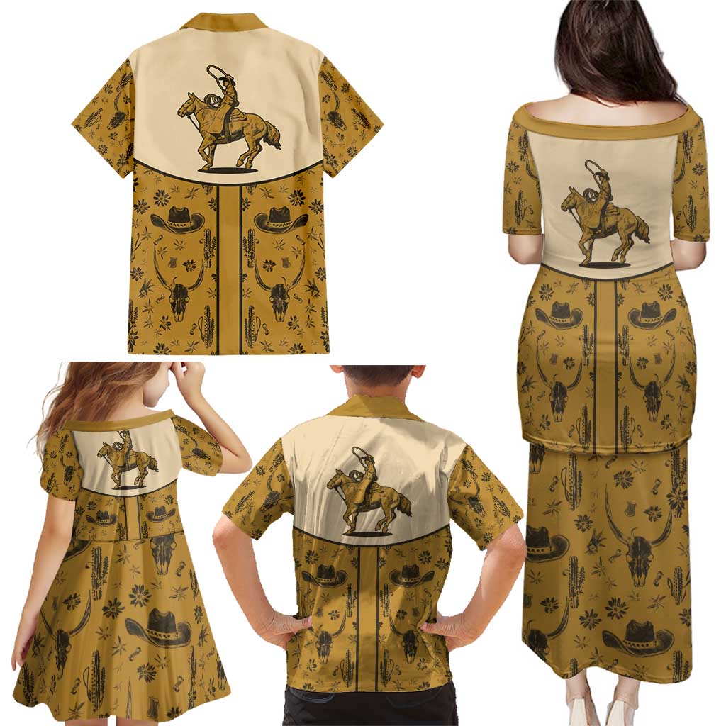Cowboy Family Matching Puletasi and Hawaiian Shirt Horse Riding Retro Western Yoke Beige - Wonder Print Shop