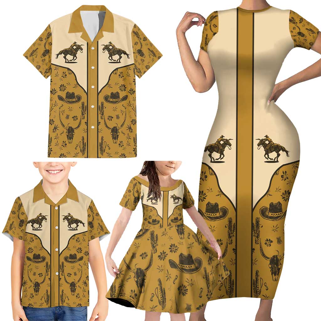 Cowboy Family Matching Short Sleeve Bodycon Dress and Hawaiian Shirt Horse Riding Retro Western Yoke Beige - Wonder Print Shop