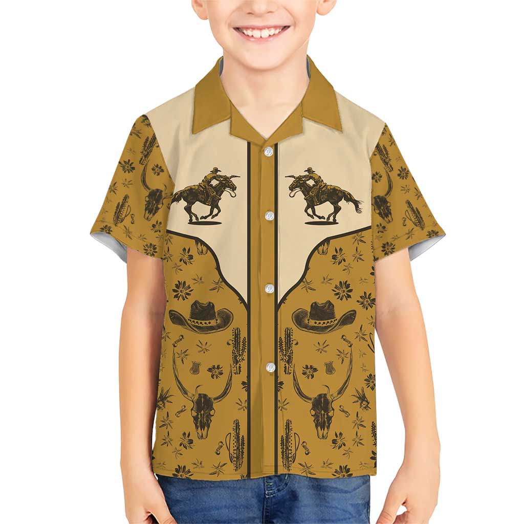 Cowboy Family Matching Short Sleeve Bodycon Dress and Hawaiian Shirt Horse Riding Retro Western Yoke Beige - Wonder Print Shop