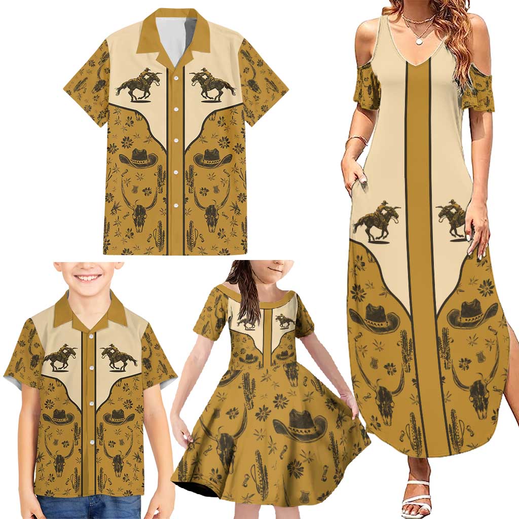 Cowboy Family Matching Summer Maxi Dress and Hawaiian Shirt Horse Riding Retro Western Yoke Beige - Wonder Print Shop