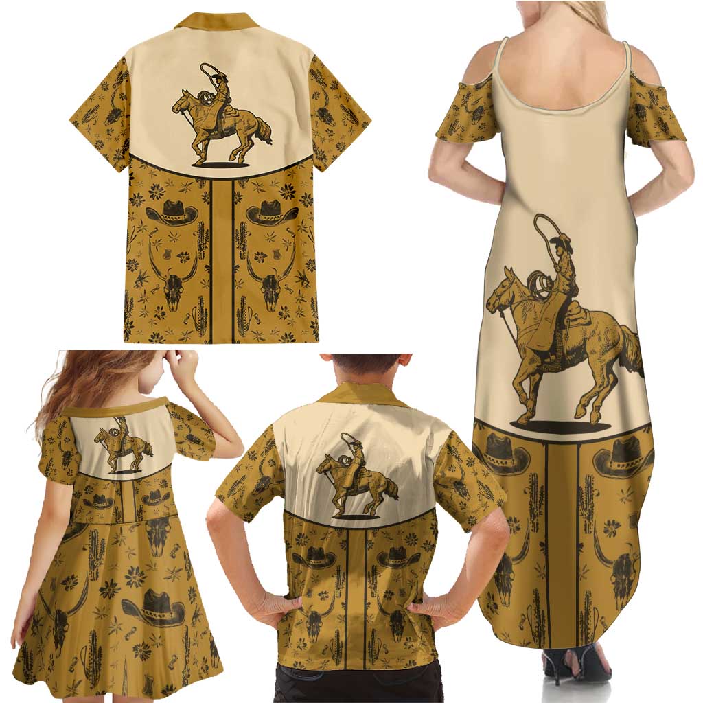 Cowboy Family Matching Summer Maxi Dress and Hawaiian Shirt Horse Riding Retro Western Yoke Beige - Wonder Print Shop