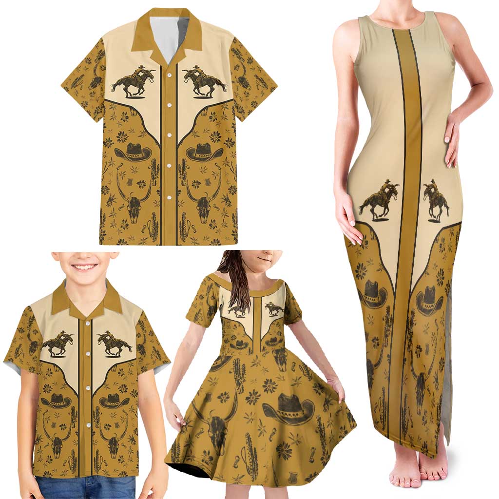 Cowboy Family Matching Tank Maxi Dress and Hawaiian Shirt Horse Riding Retro Western Yoke Beige - Wonder Print Shop