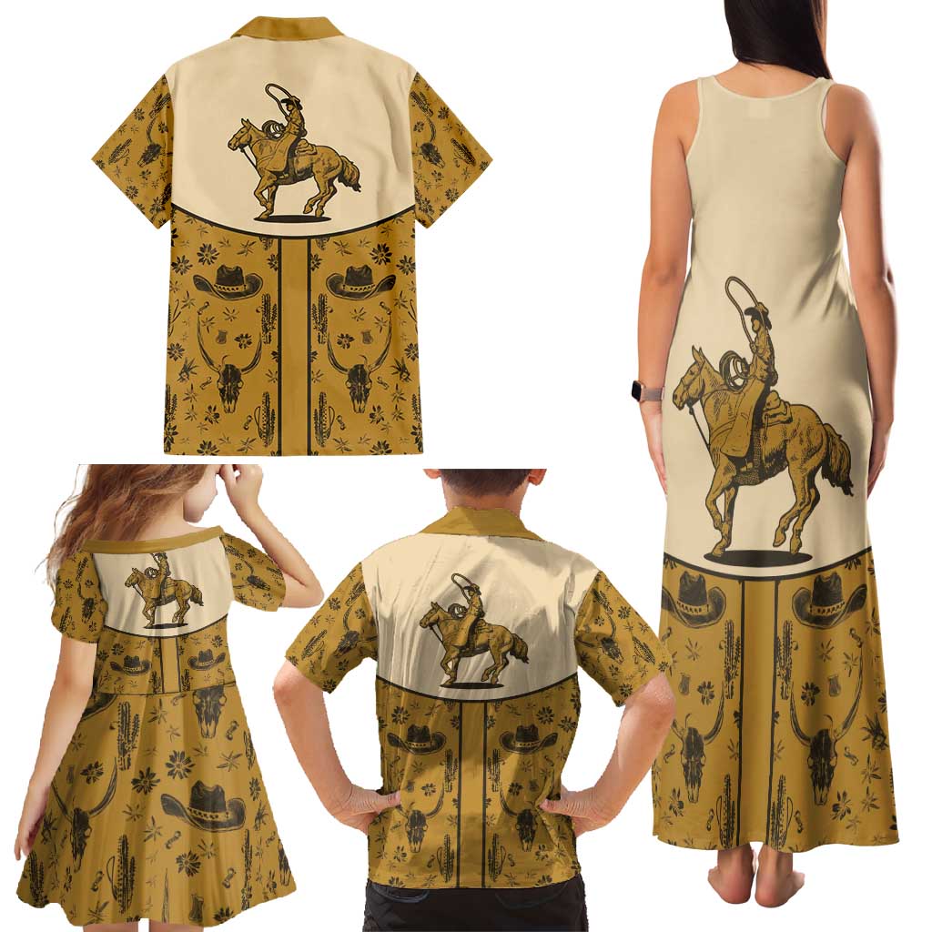 Cowboy Family Matching Tank Maxi Dress and Hawaiian Shirt Horse Riding Retro Western Yoke Beige - Wonder Print Shop