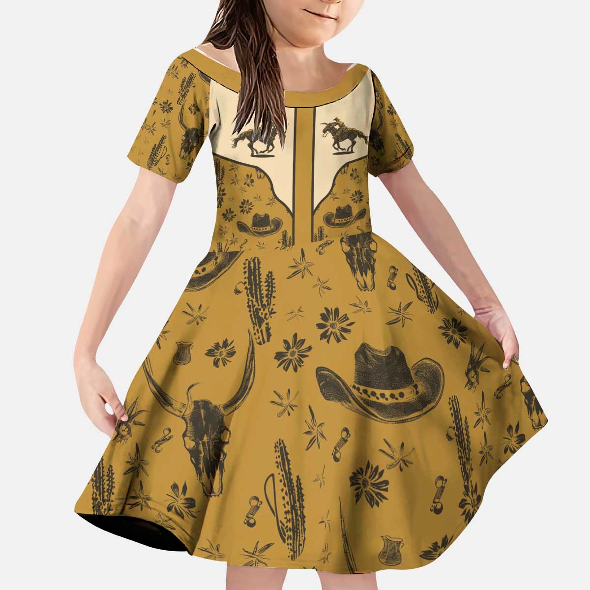 Cowboy Kid Short Sleeve Dress Horse Riding Retro Western Yoke Beige - Wonder Print Shop