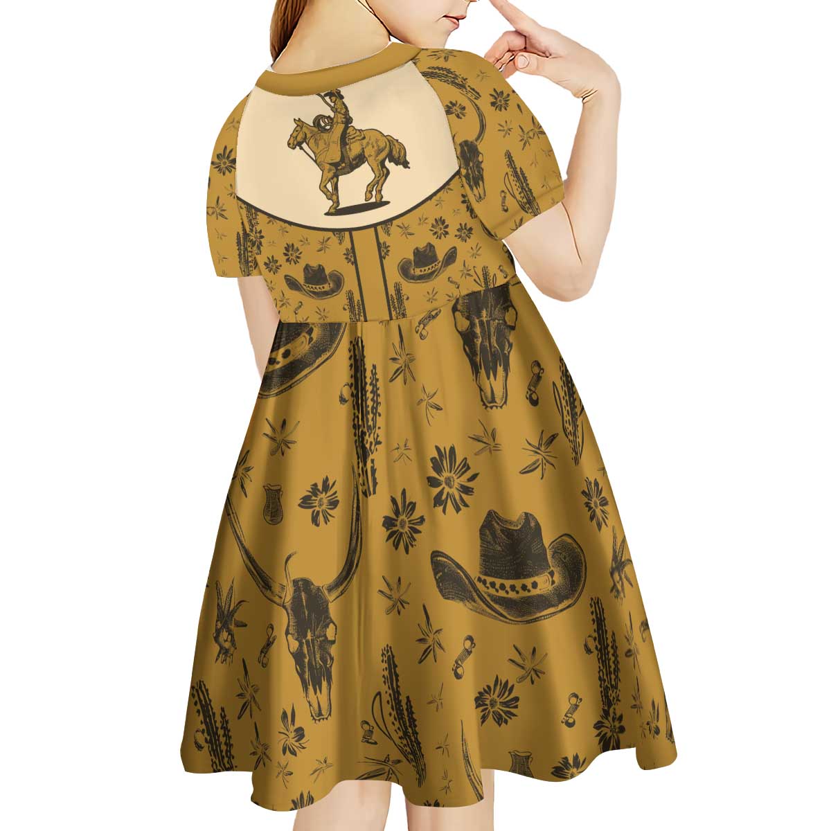 Cowboy Kid Short Sleeve Dress Horse Riding Retro Western Yoke Beige - Wonder Print Shop