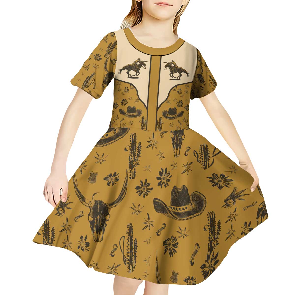 Cowboy Kid Short Sleeve Dress Horse Riding Retro Western Yoke Beige - Wonder Print Shop