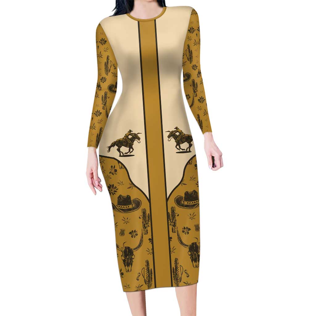 Cowboy Long Sleeve Bodycon Dress Horse Riding Retro Western Yoke Beige - Wonder Print Shop