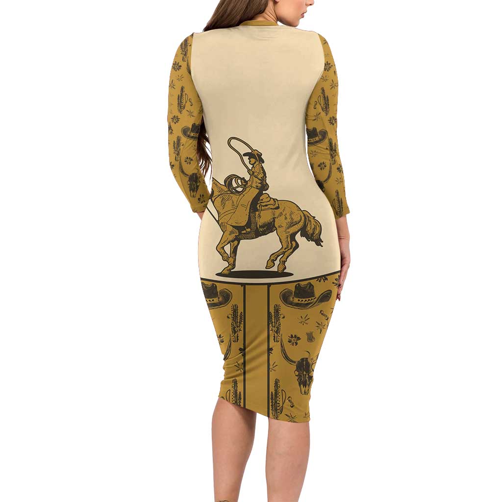 Cowboy Long Sleeve Bodycon Dress Horse Riding Retro Western Yoke Beige - Wonder Print Shop