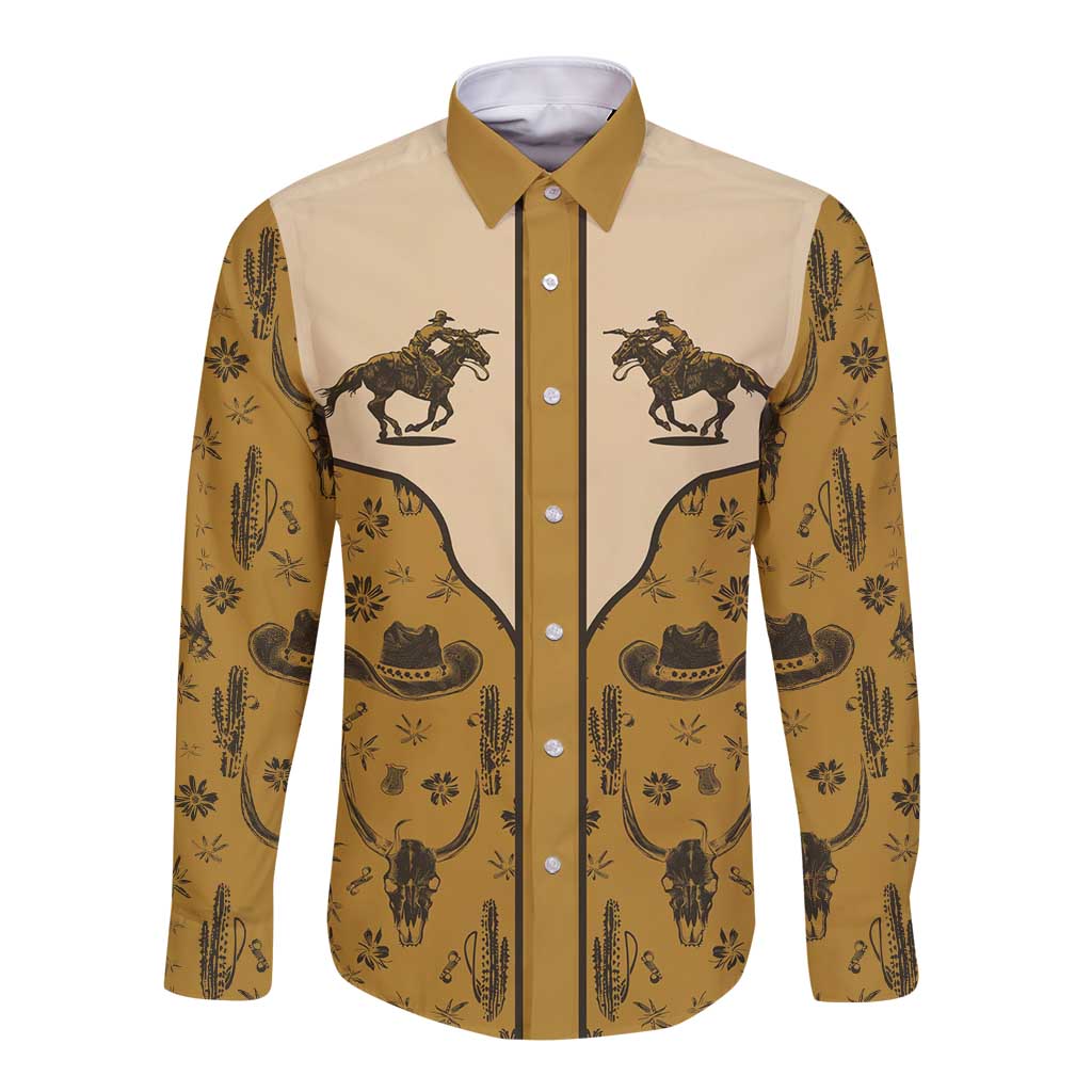 Cowboy Long Sleeve Button Shirt Horse Riding Retro Western Yoke Beige - Wonder Print Shop