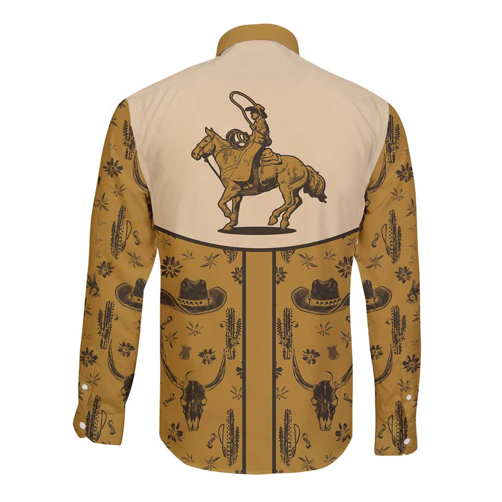 Cowboy Long Sleeve Button Shirt Horse Riding Retro Western Yoke Beige - Wonder Print Shop