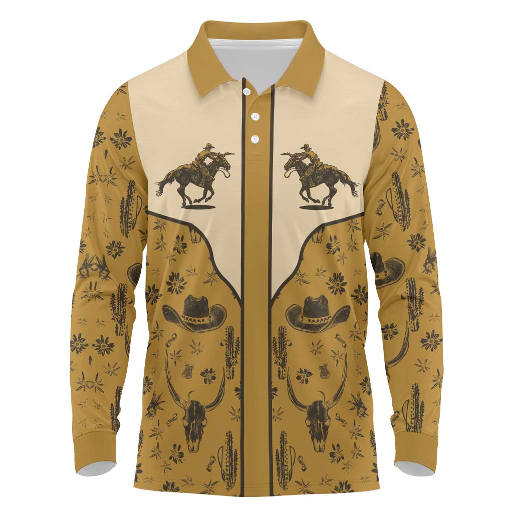 Cowboy Long Sleeve Polo Shirt Horse Riding Retro Western Yoke Beige - Wonder Print Shop