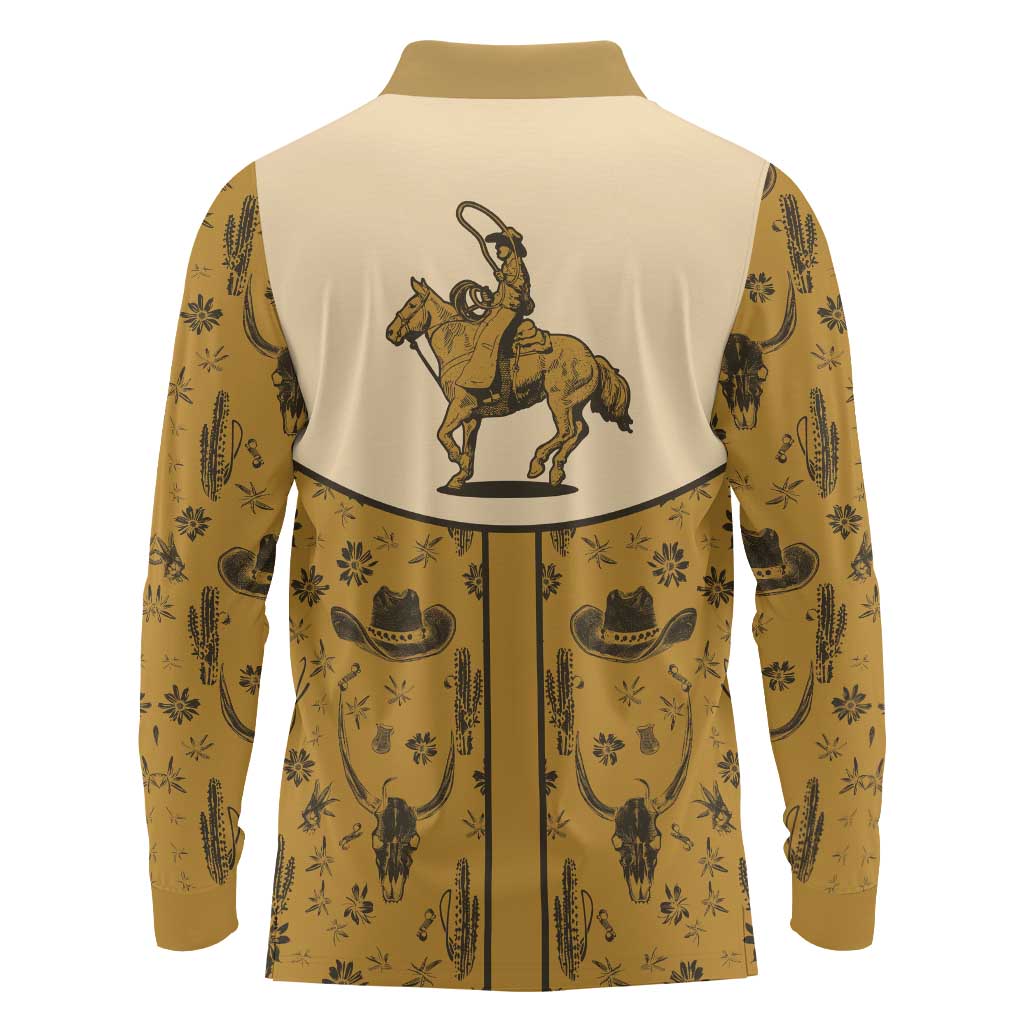 Cowboy Long Sleeve Polo Shirt Horse Riding Retro Western Yoke Beige - Wonder Print Shop