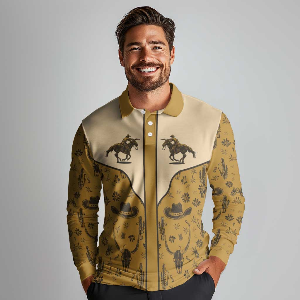 Cowboy Long Sleeve Polo Shirt Horse Riding Retro Western Yoke Beige - Wonder Print Shop