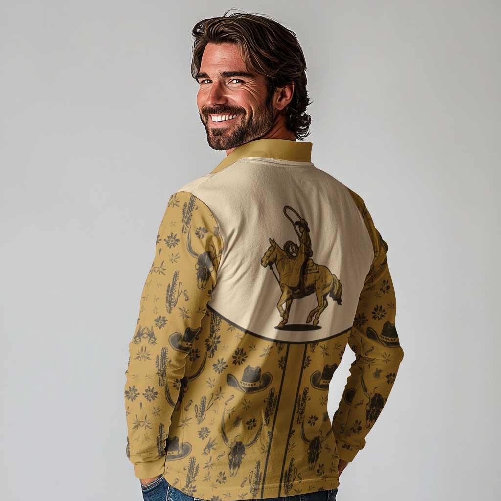 Cowboy Long Sleeve Polo Shirt Horse Riding Retro Western Yoke Beige - Wonder Print Shop