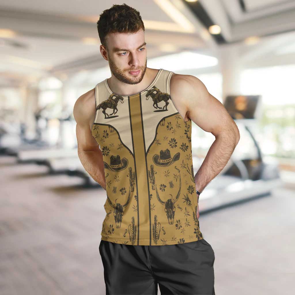 Cowboy Men Tank Top Horse Riding Retro Western Yoke Beige - Wonder Print Shop