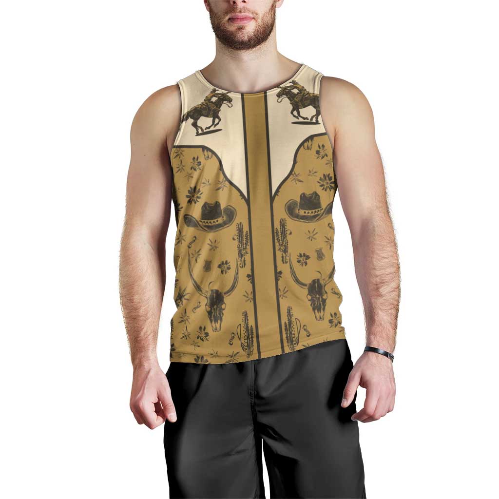 Cowboy Men Tank Top Horse Riding Retro Western Yoke Beige - Wonder Print Shop