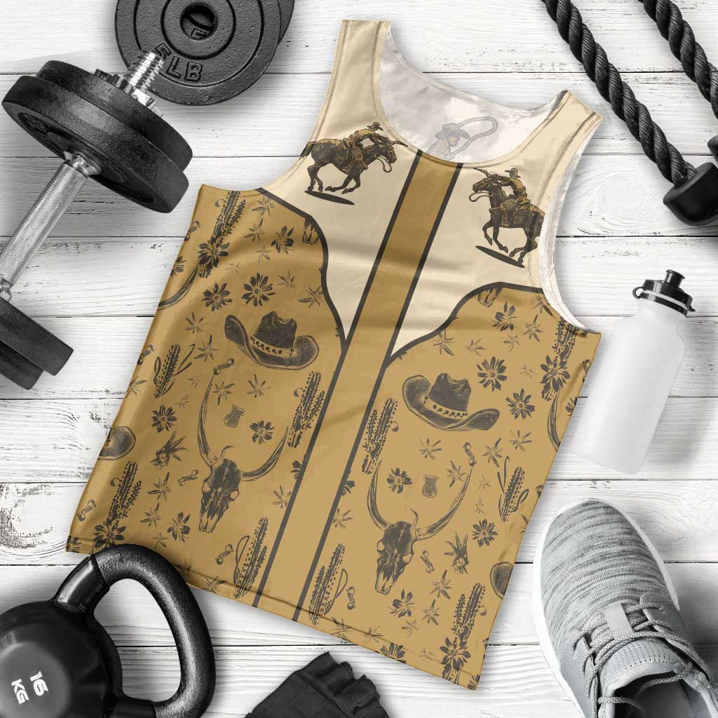 Cowboy Men Tank Top Horse Riding Retro Western Yoke Beige - Wonder Print Shop