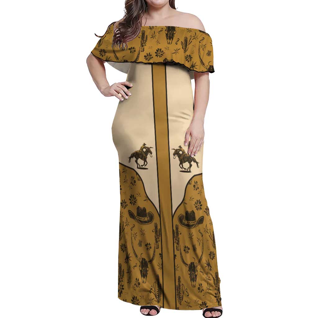 Cowboy Off Shoulder Maxi Dress Horse Riding Retro Western Yoke Beige - Wonder Print Shop