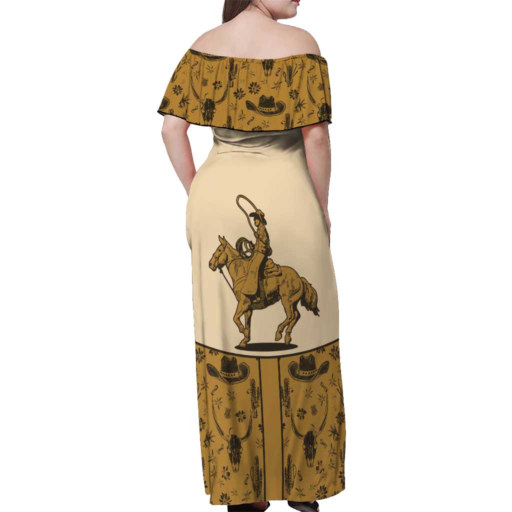 Cowboy Off Shoulder Maxi Dress Horse Riding Retro Western Yoke Beige - Wonder Print Shop
