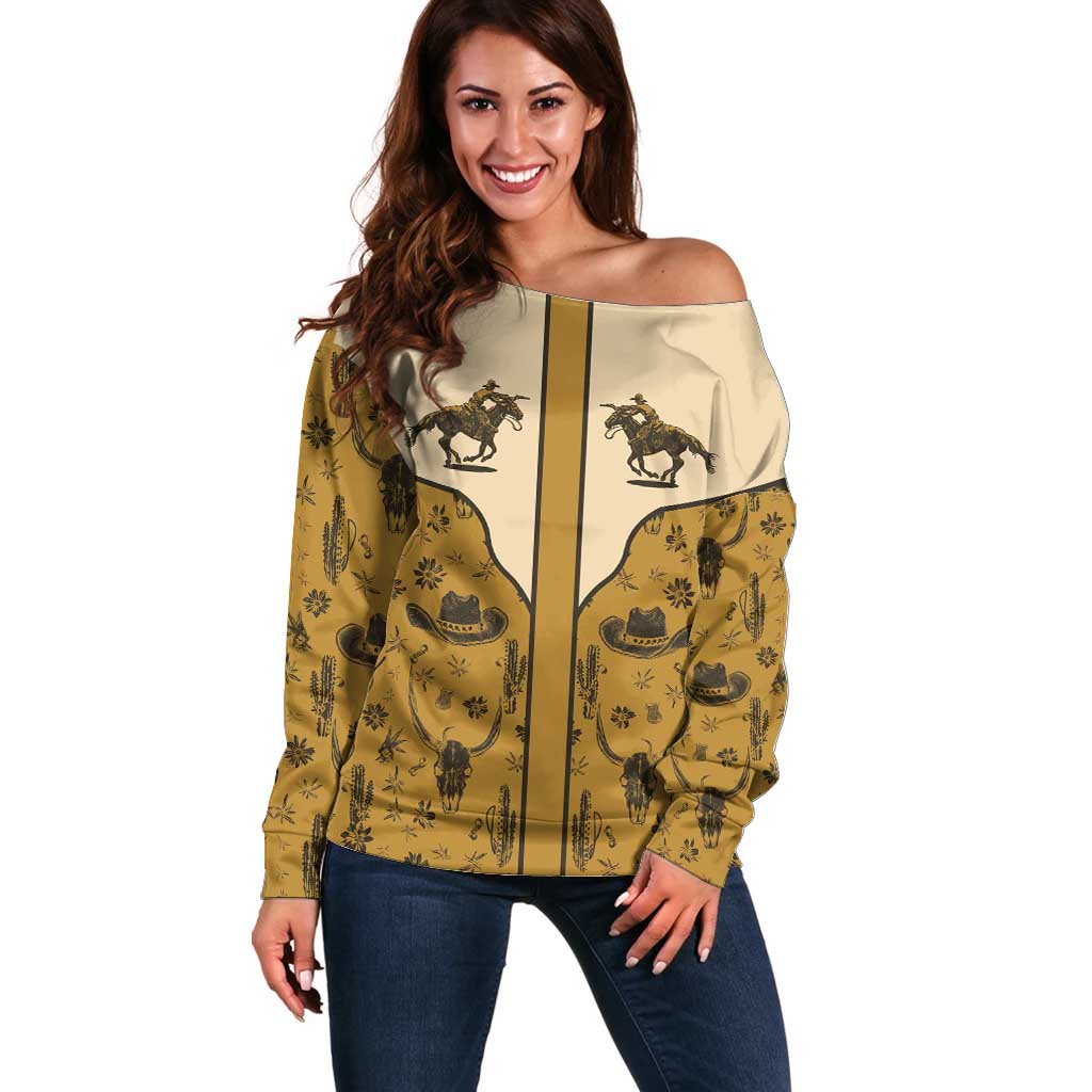 Cowboy Off Shoulder Sweater Horse Riding Retro Western Yoke Beige - Wonder Print Shop