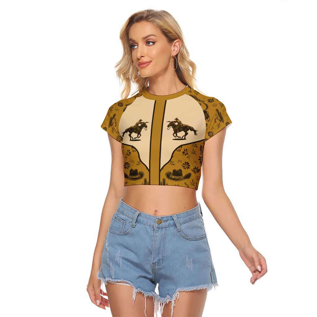 Cowboy Raglan Cropped T Shirt Horse Riding Retro Western Yoke Beige - Wonder Print Shop