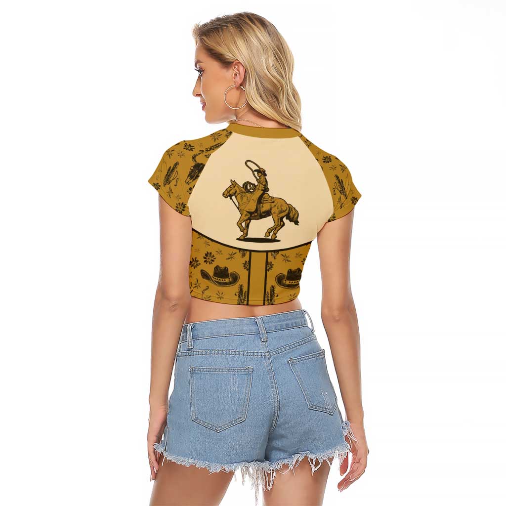 Cowboy Raglan Cropped T Shirt Horse Riding Retro Western Yoke Beige - Wonder Print Shop