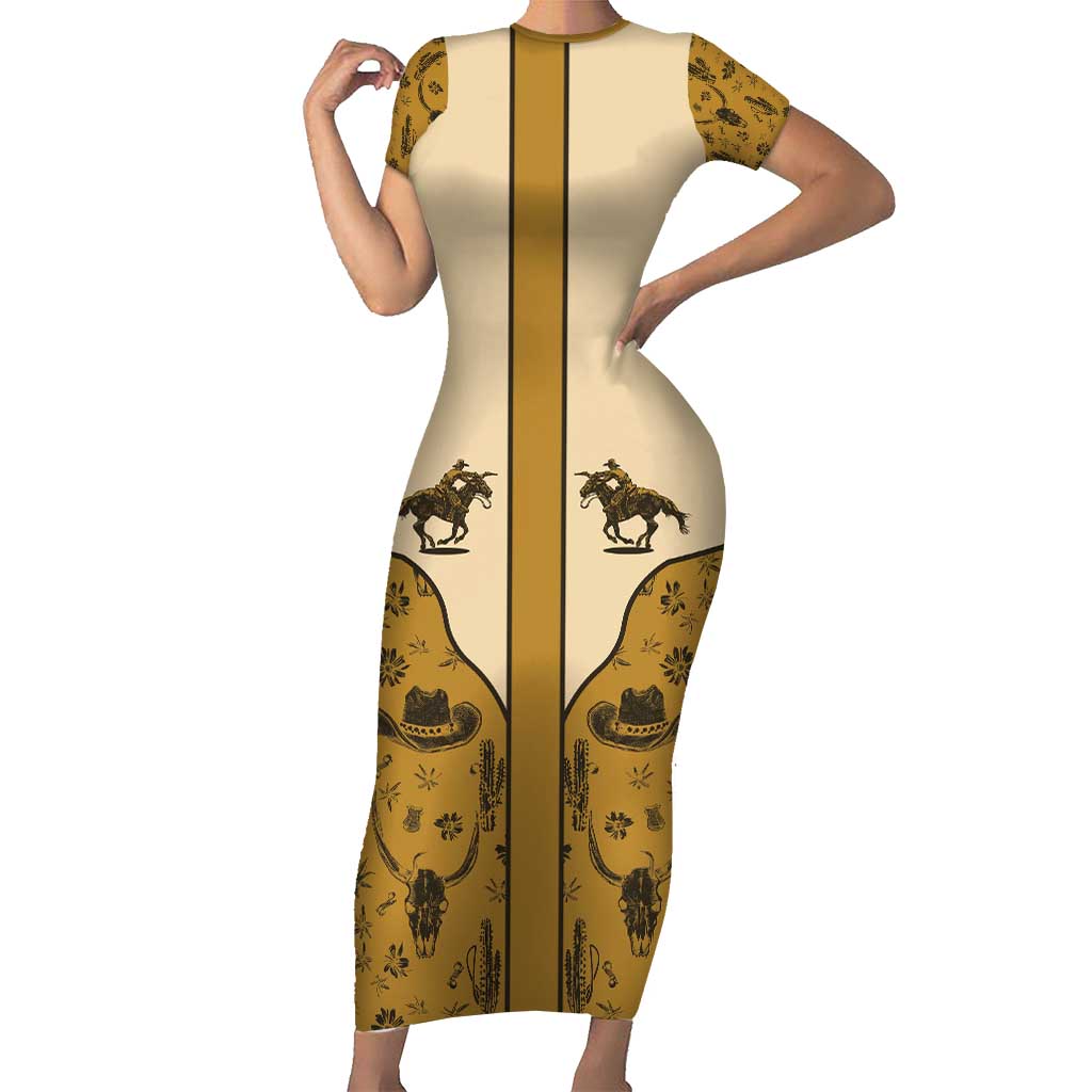 Cowboy Short Sleeve Bodycon Dress Horse Riding Retro Western Yoke Beige - Wonder Print Shop
