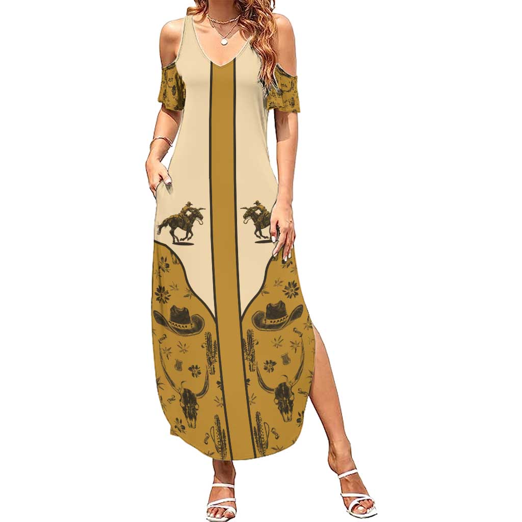 Cowboy Summer Maxi Dress Horse Riding Retro Western Yoke Beige - Wonder Print Shop