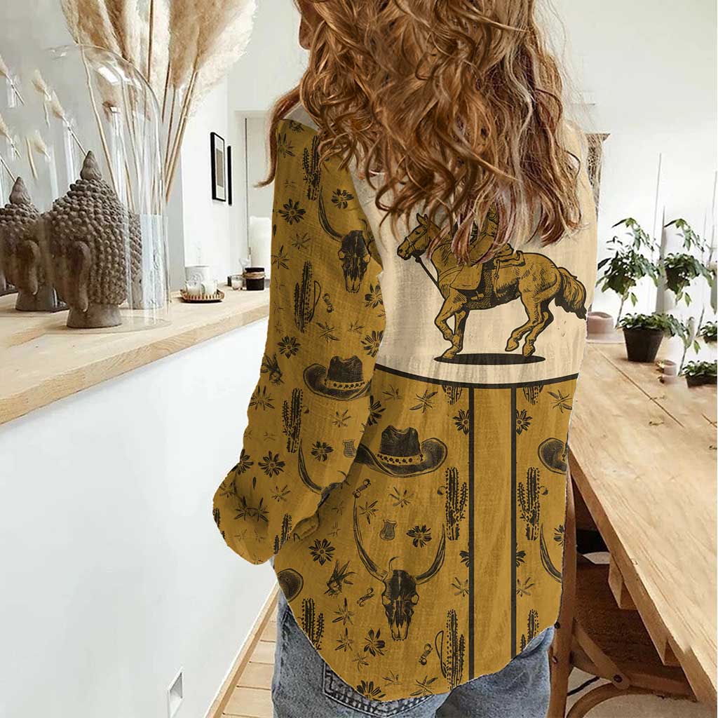 Cowboy Women Casual Shirt Horse Riding Retro Western Yoke Beige - Wonder Print Shop