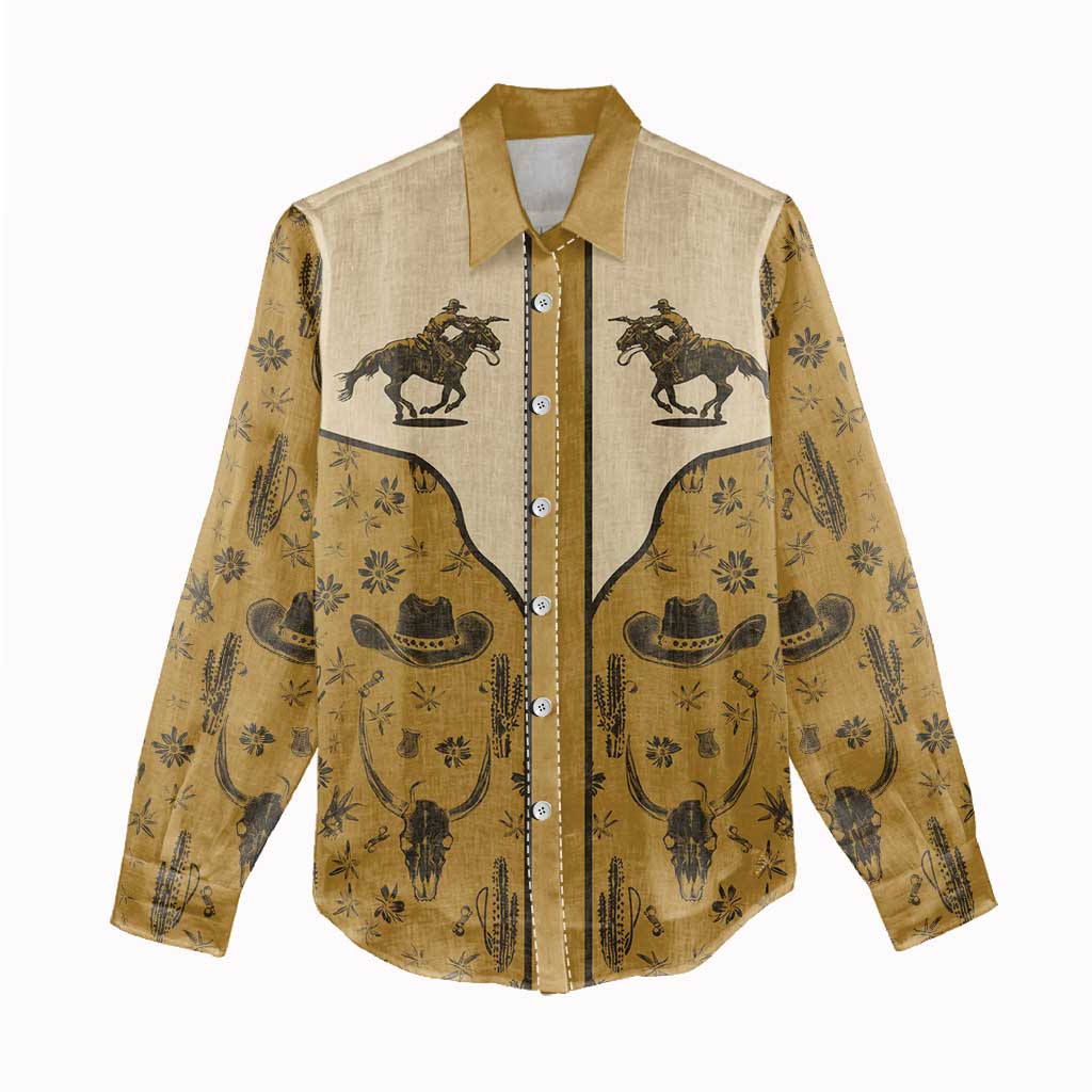 Cowboy Women Casual Shirt Horse Riding Retro Western Yoke Beige - Wonder Print Shop