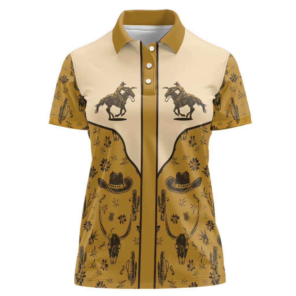 Cowboy Women Polo Shirt Horse Riding Retro Western Yoke Beige - Wonder Print Shop