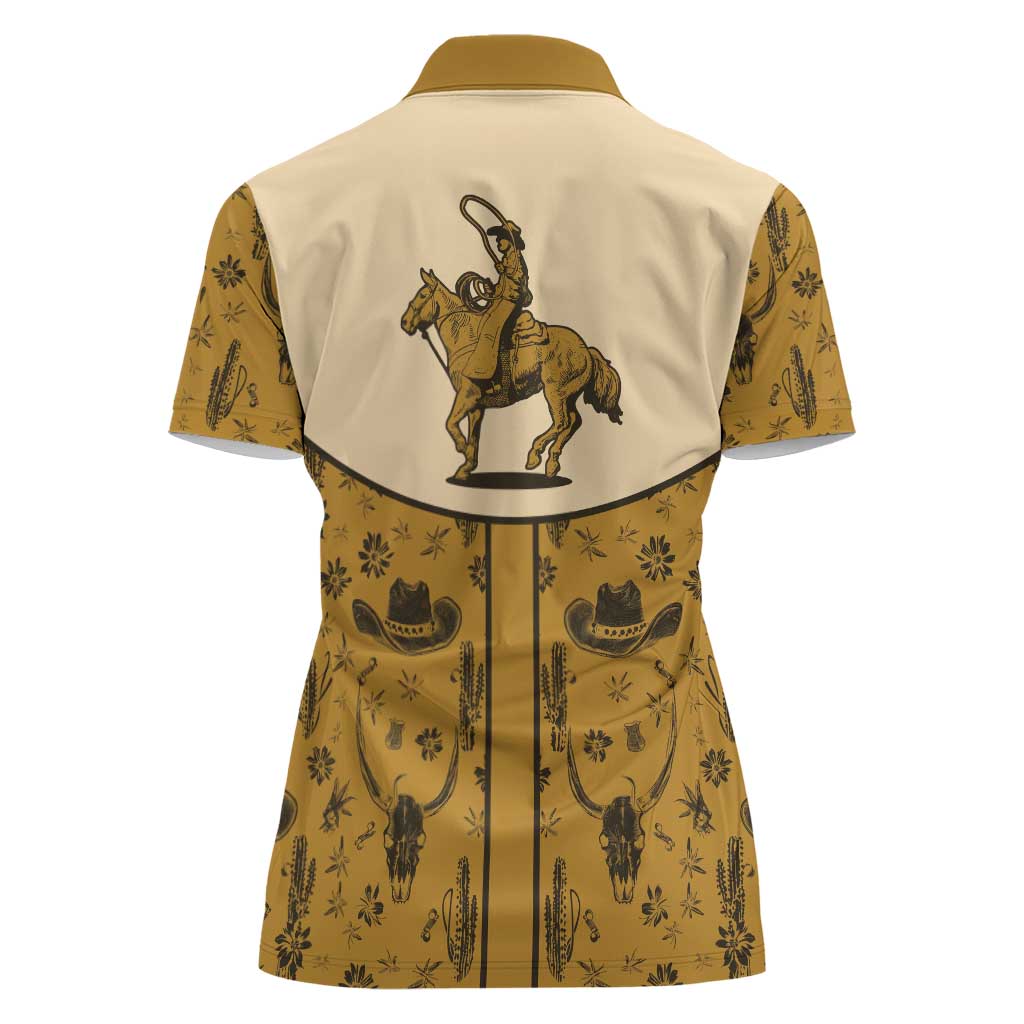 Cowboy Women Polo Shirt Horse Riding Retro Western Yoke Beige - Wonder Print Shop