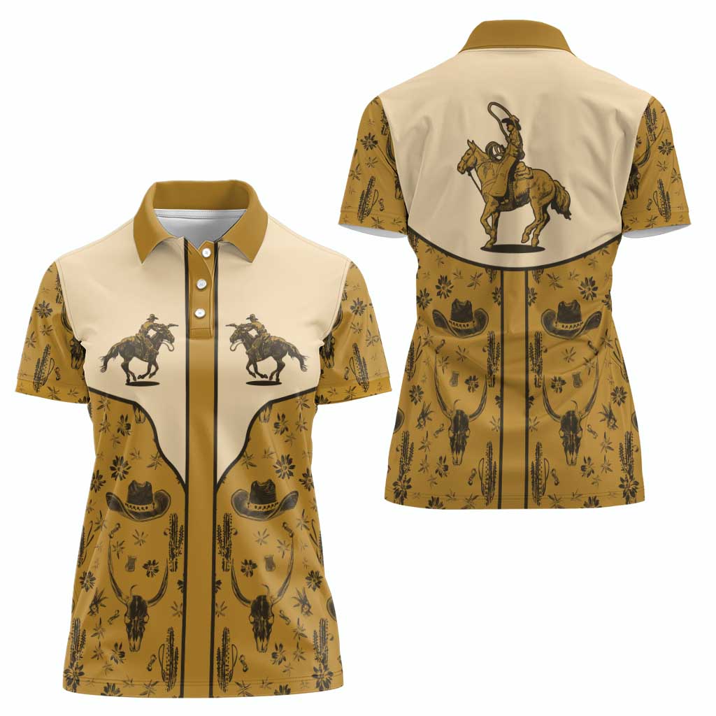 Cowboy Women Polo Shirt Horse Riding Retro Western Yoke Beige - Wonder Print Shop