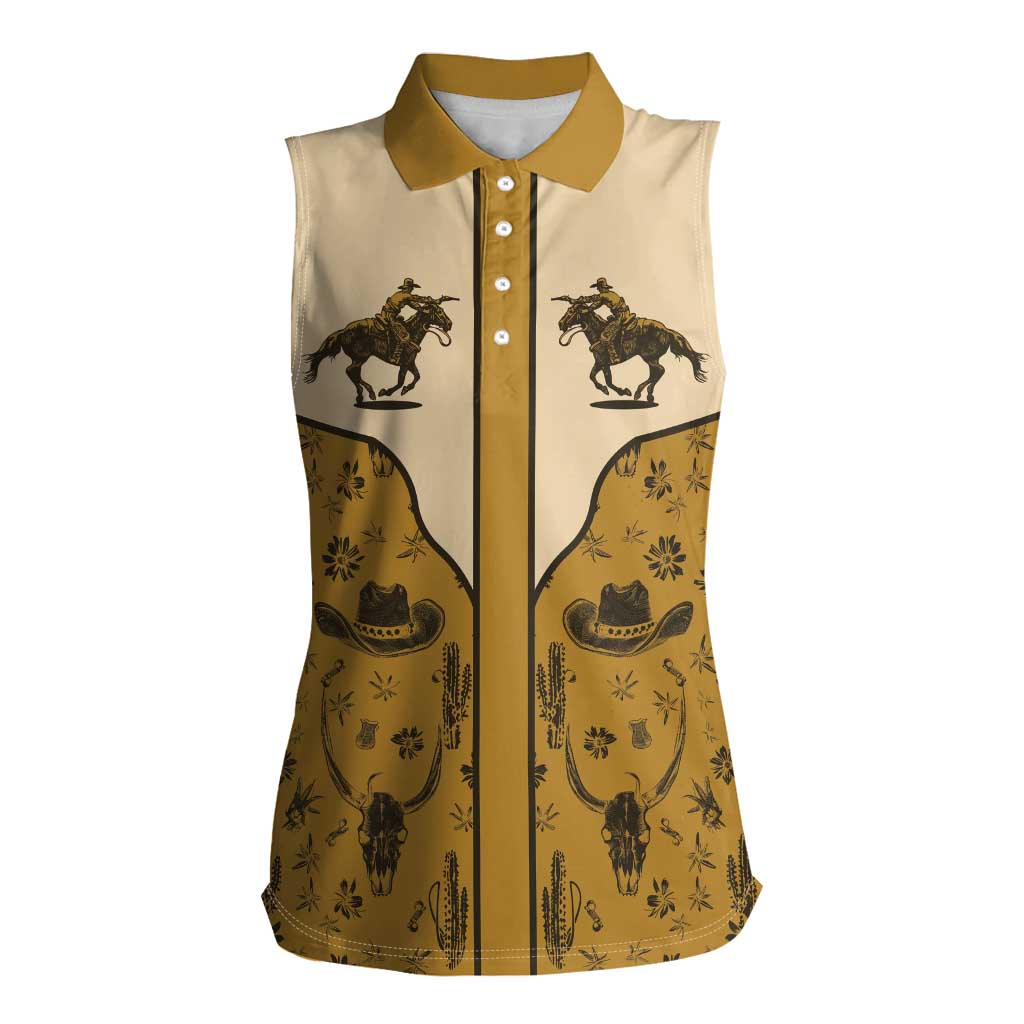 Cowboy Women Sleeveless Polo Shirt Horse Riding Retro Western Yoke Beige - Wonder Print Shop