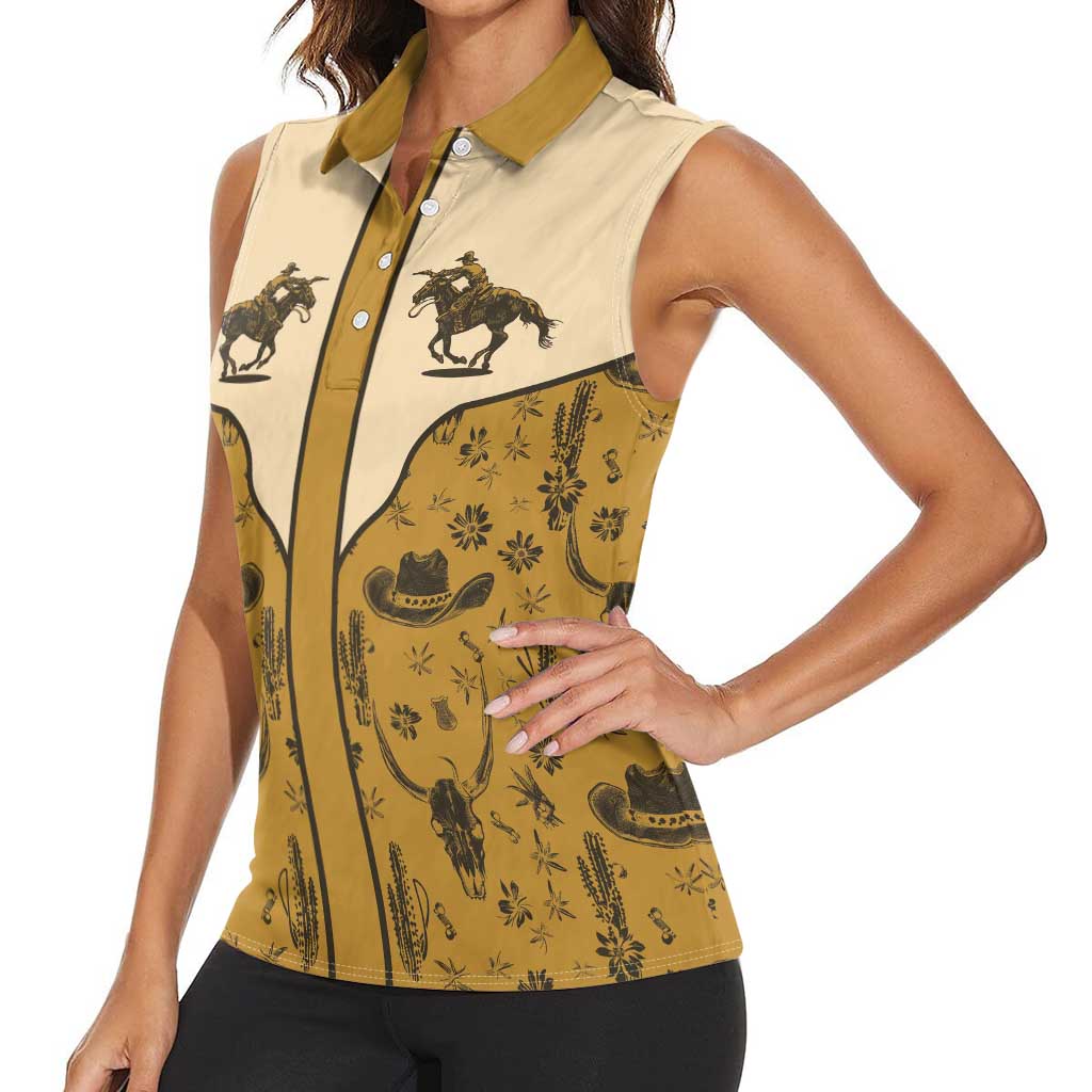 Cowboy Women Sleeveless Polo Shirt Horse Riding Retro Western Yoke Beige - Wonder Print Shop