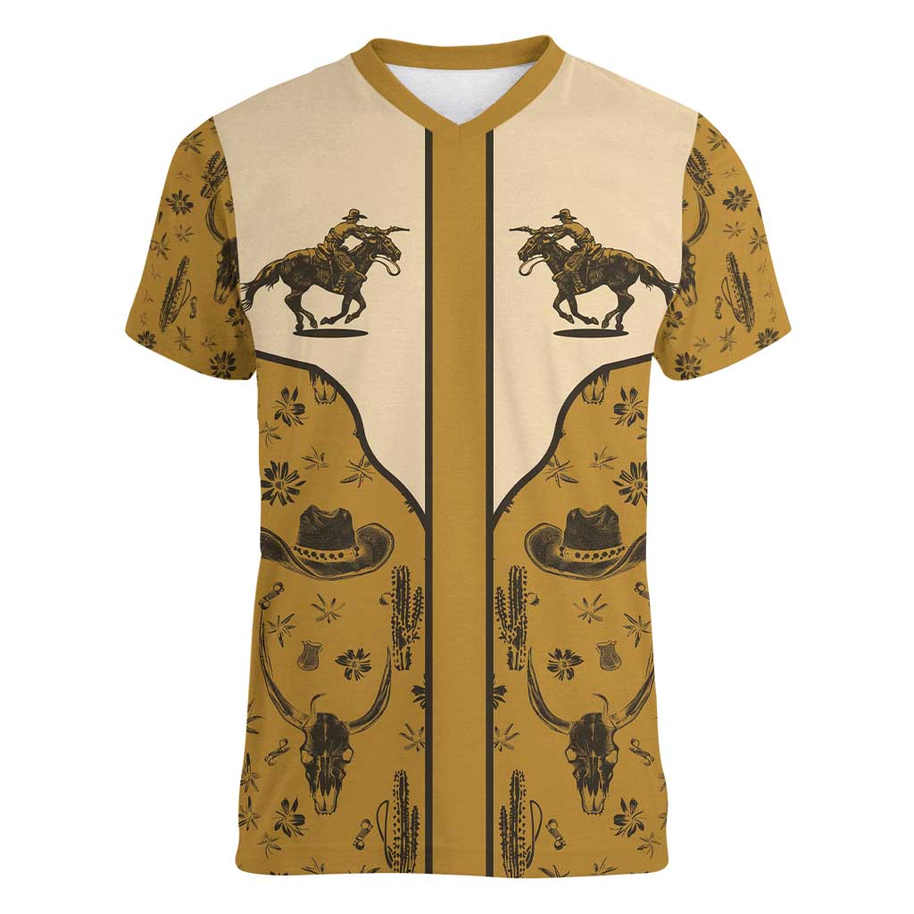 Cowboy Women V-Neck T-Shirt Horse Riding Retro Western Yoke Beige - Wonder Print Shop