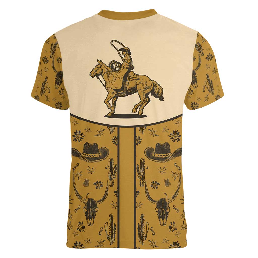 Cowboy Women V-Neck T-Shirt Horse Riding Retro Western Yoke Beige - Wonder Print Shop