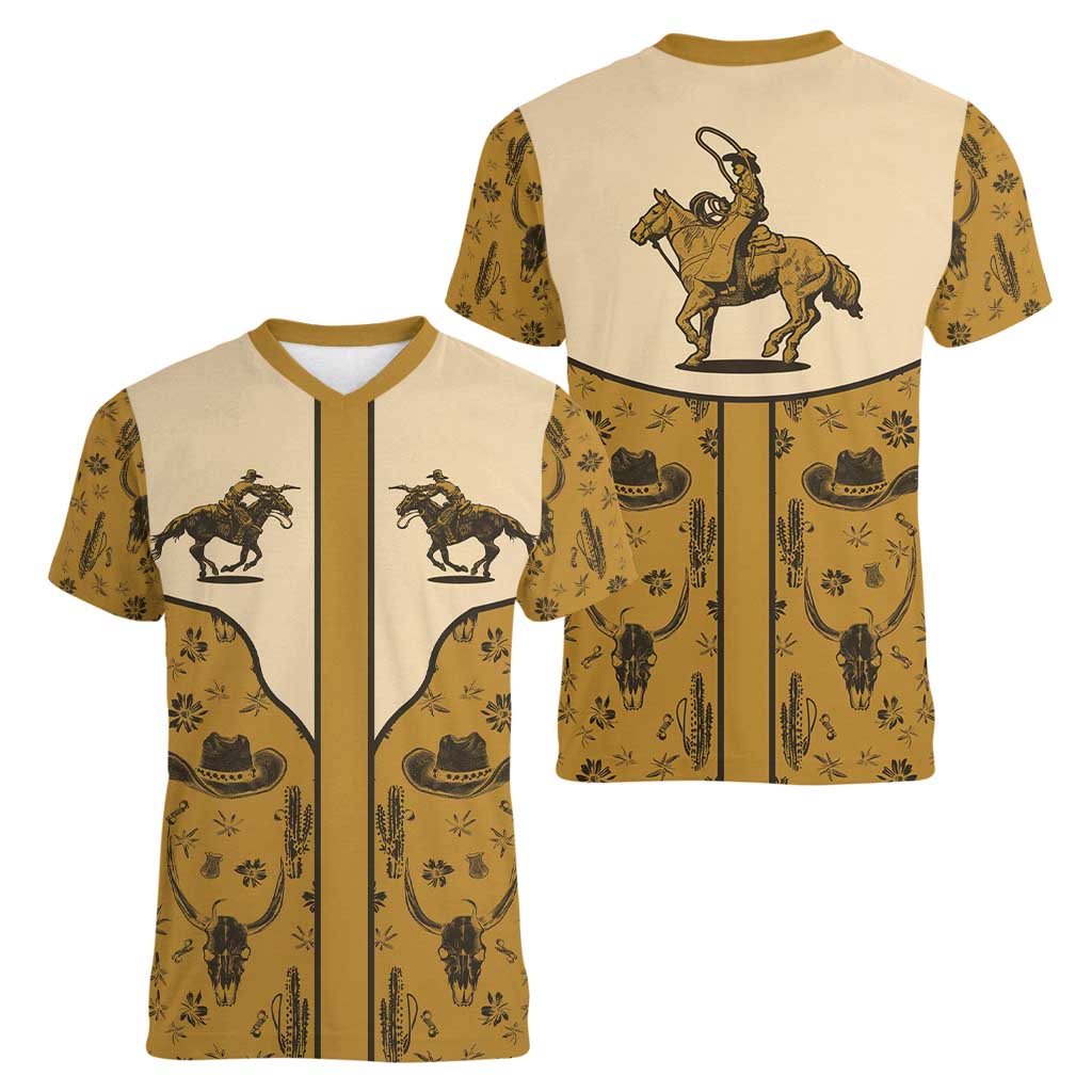 Cowboy Women V-Neck T-Shirt Horse Riding Retro Western Yoke Beige - Wonder Print Shop