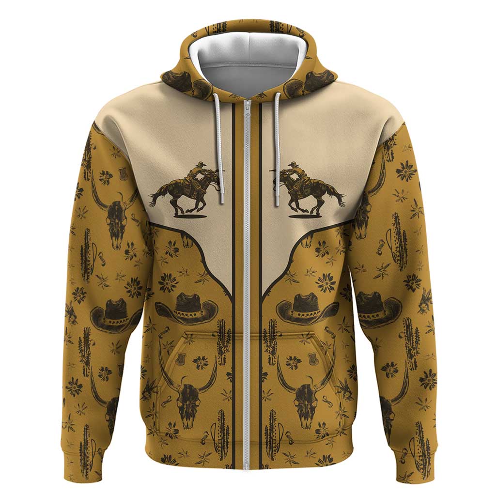 Cowboy Zip Hoodie Horse Riding Retro Western Yoke Beige - Wonder Print Shop